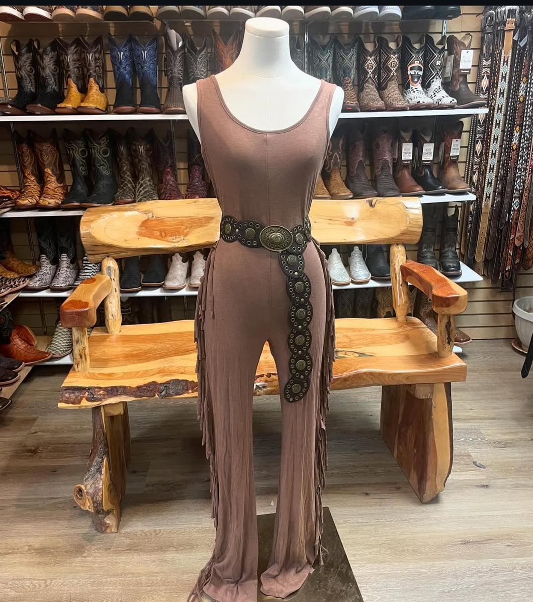 Sleeveless Side Fringe Jumpsuit (Mocha)