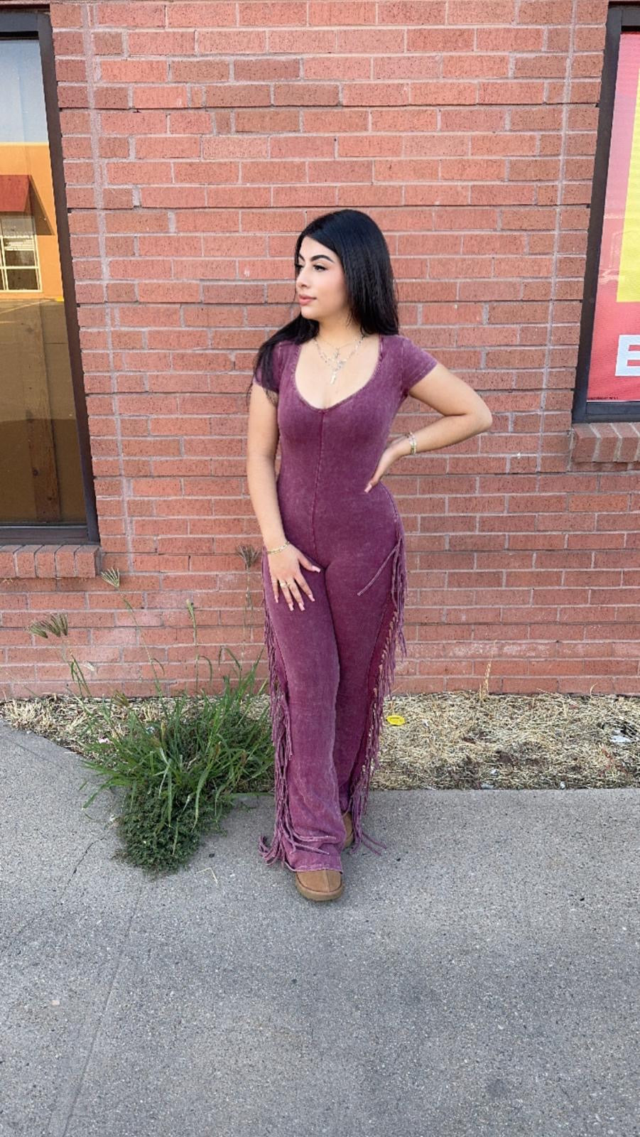 Mineral Washed Fringed Jumpsuit (BURGUNDY)